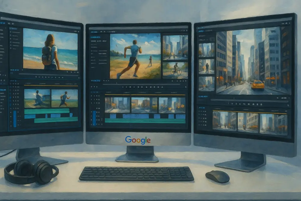 Modern Google video editing setup with three connected screens showing travel, sports, and city scenes