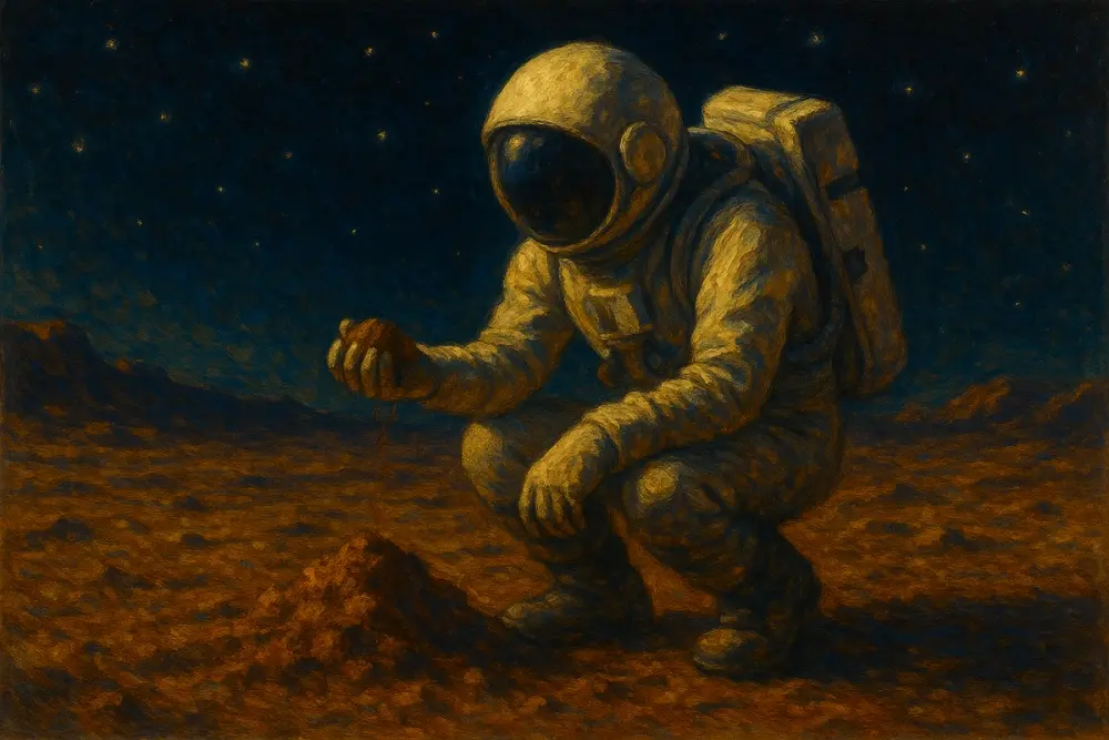 An astronaut in a white spacesuit kneels on a reddish alien landscape, studying soil under a star-filled sky