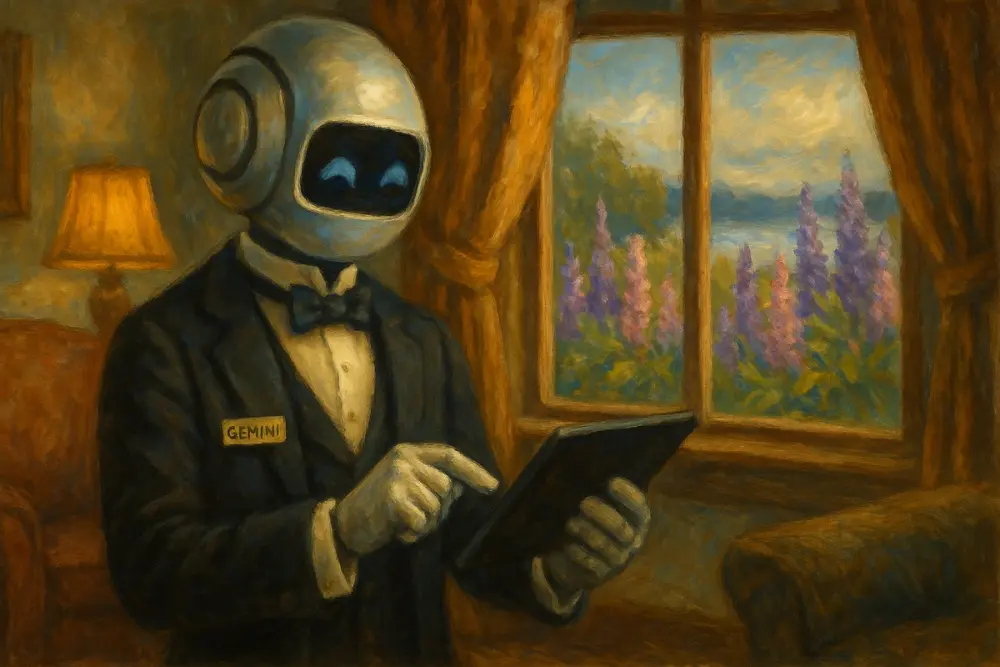 A robot butler labeled “Gemini” using a tablet in a cozy living room, with a garden of blooming lupins visible through the window