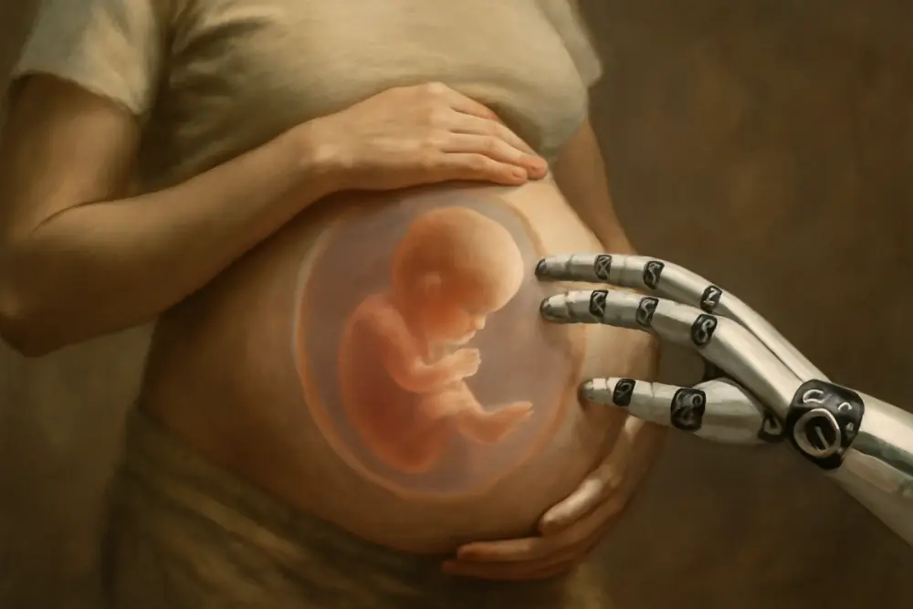 A robotic hand gently touches a pregnant woman’s belly, revealing a translucent embryo inside