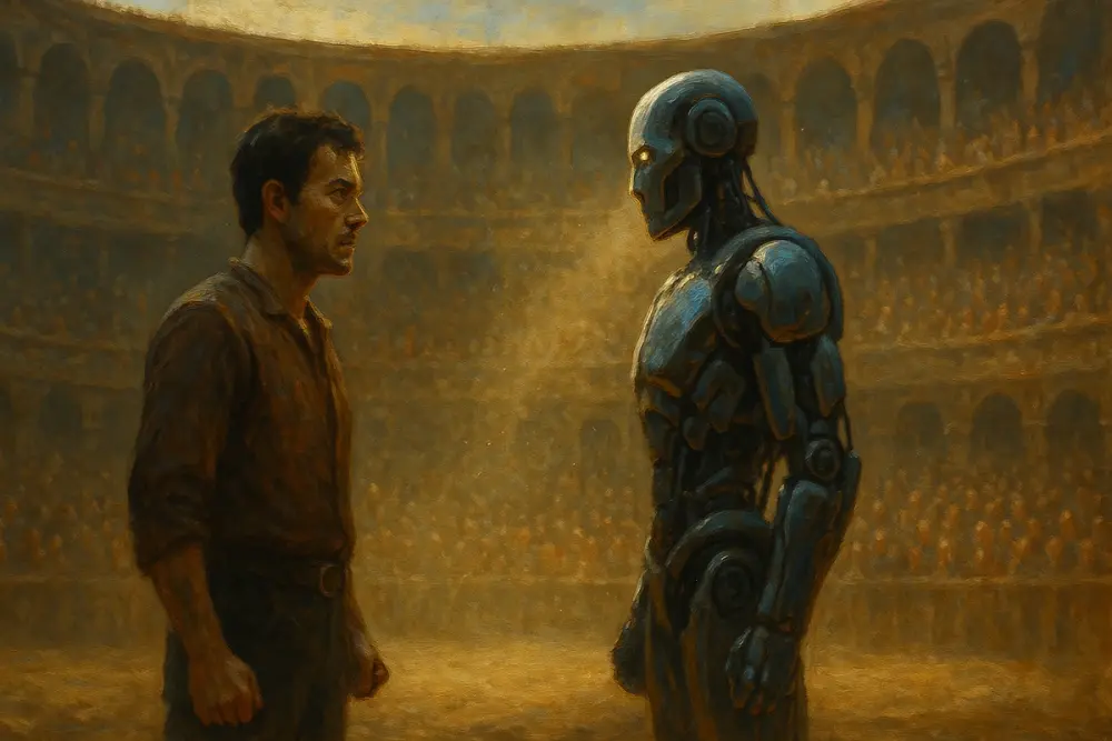 A human and a robot facing off in the center of a colosseum