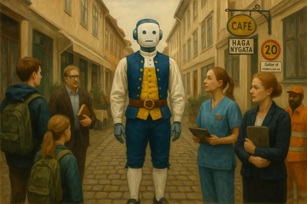 An AI in traditional Swedish folk costume stands on Haga Nygata, surrounded by students, educators, and public workers with cafes and street signs in the background.
