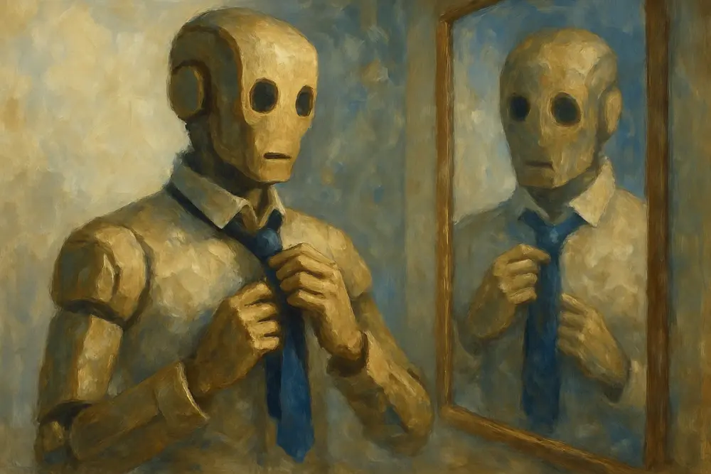 An AI in a collared shirt adjusts its necktie while looking into a mirror