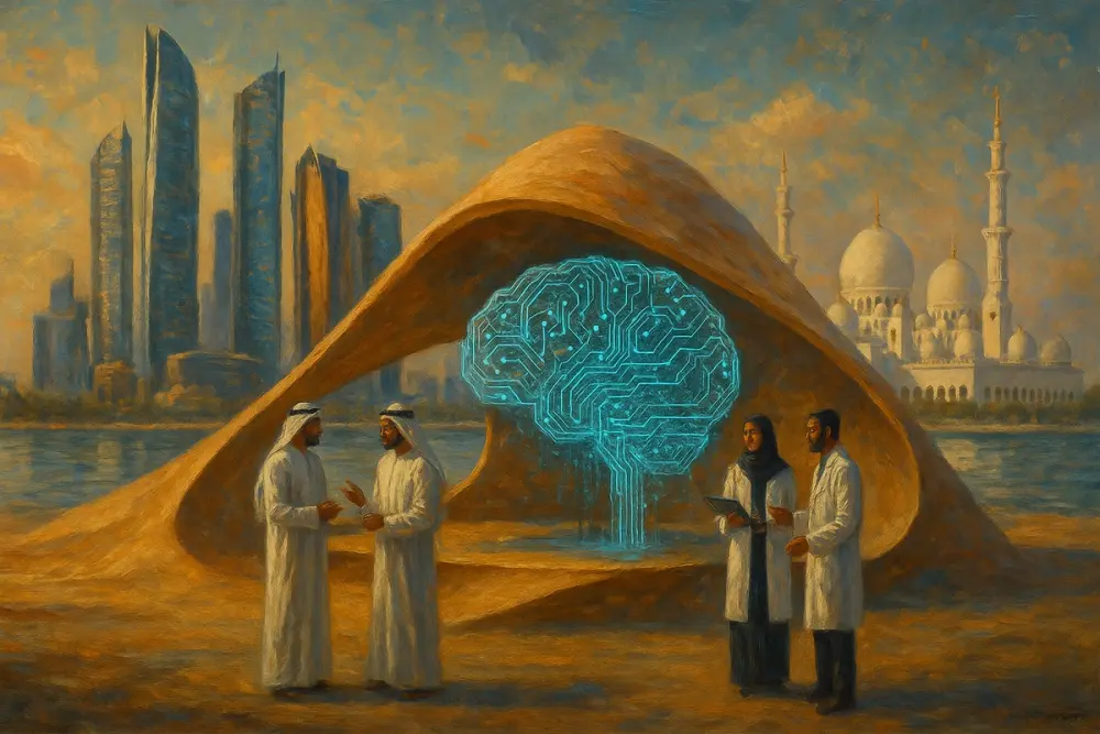 Abu Dhabi with a dune pavilion, glowing AI brain, and engineers collaborating