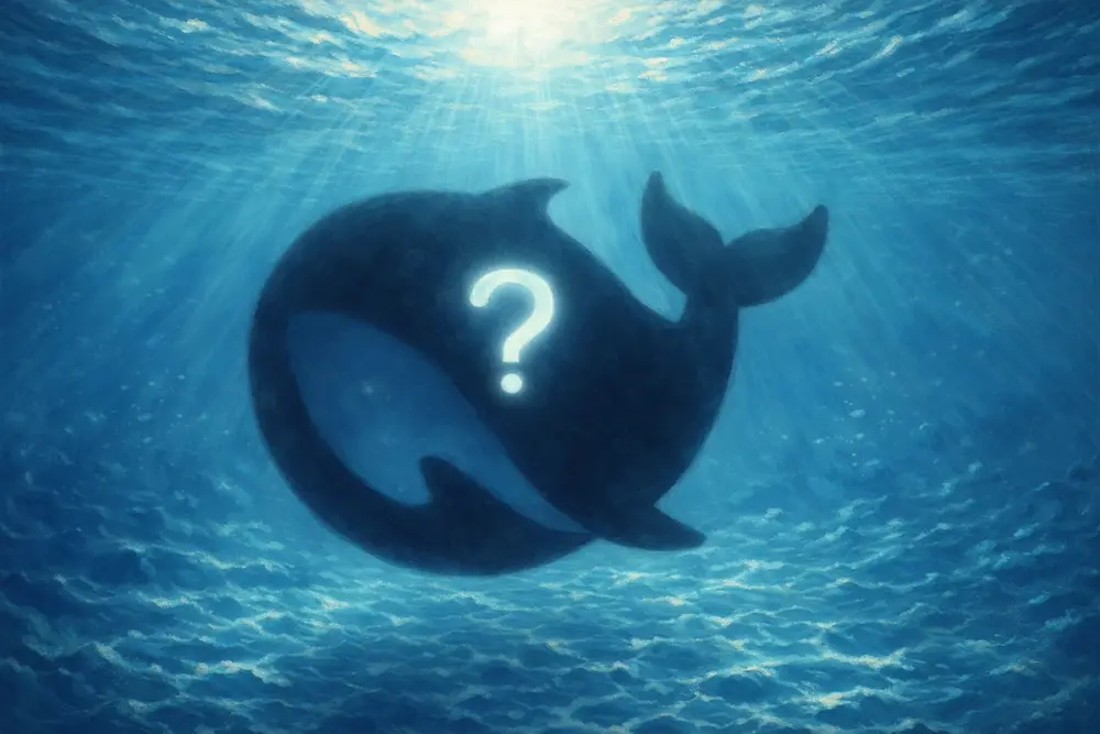 Shadowy whale-shaped silhouette underwater with sunlight rays and a glowing question mark inside.