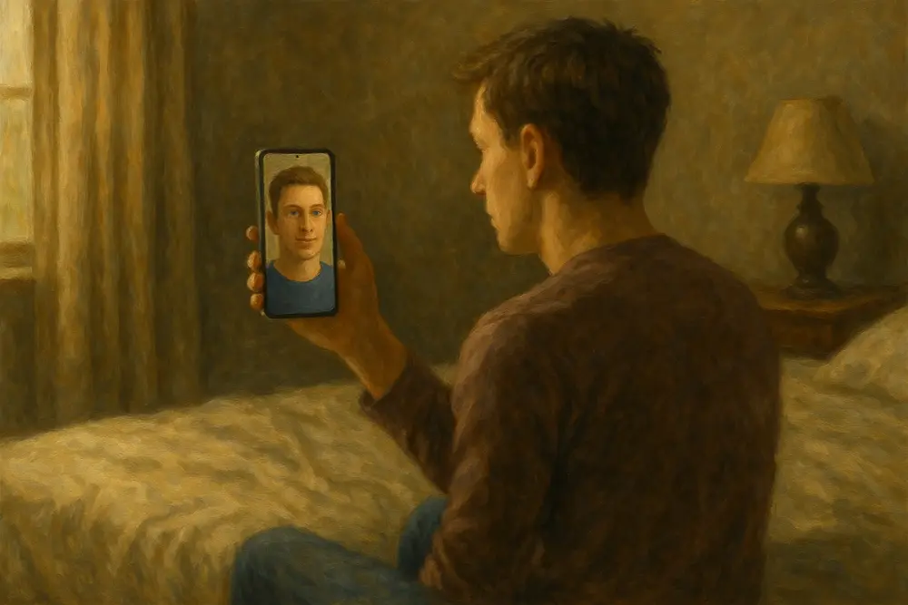 A person sits on a bed holding a smartphone, video calling a lifelike 3D avatar