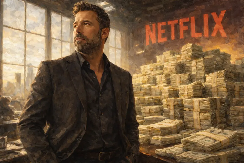 Ben Affleck standing thoughtfully before large stacks of cash with a subtle Netflix logo