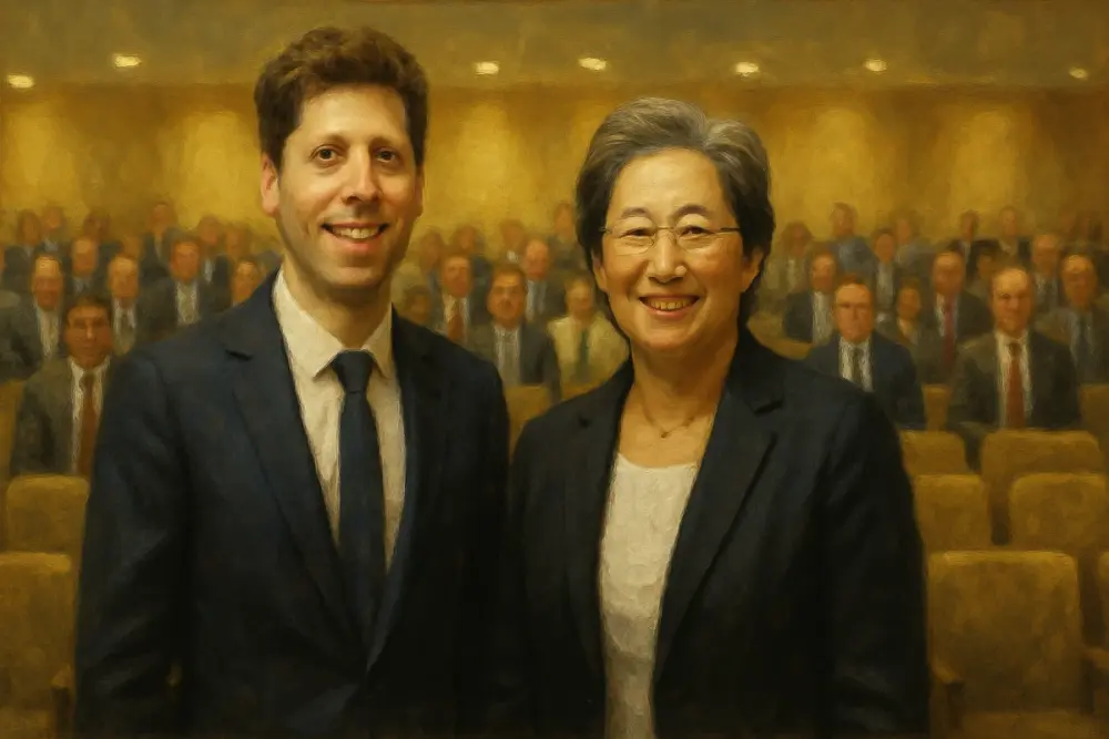 Sam Altman and Lisa Su smiling together in a well-lit auditorium