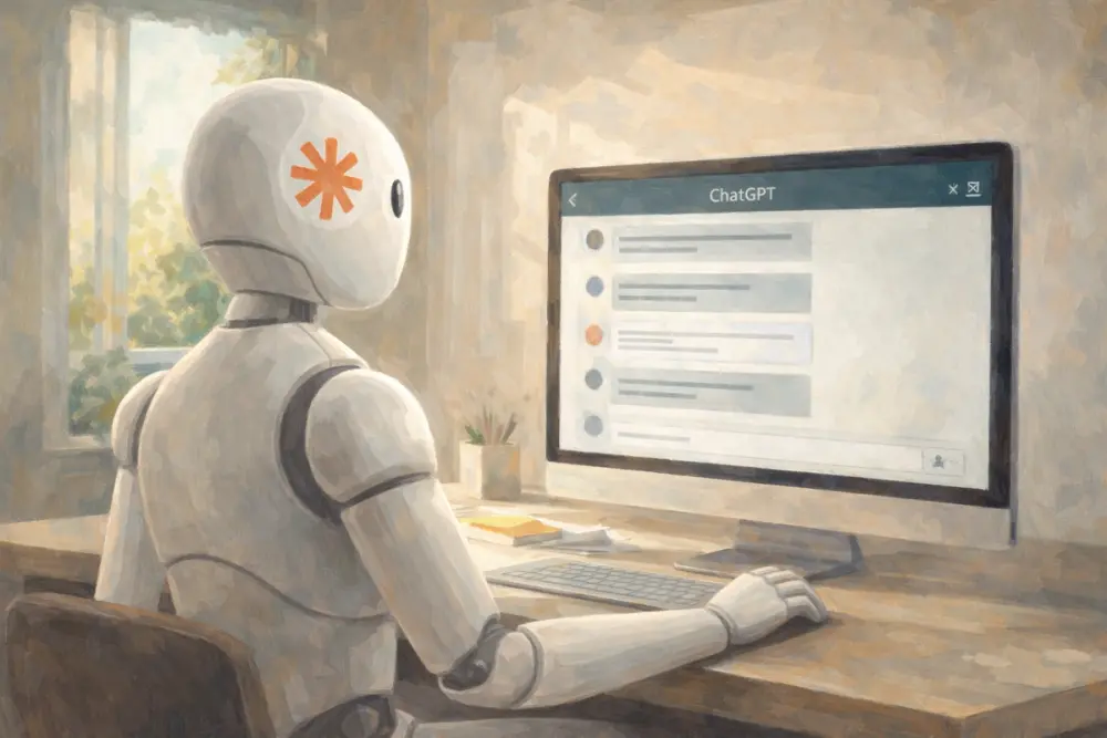 White robot at a desk using ChatGPT.