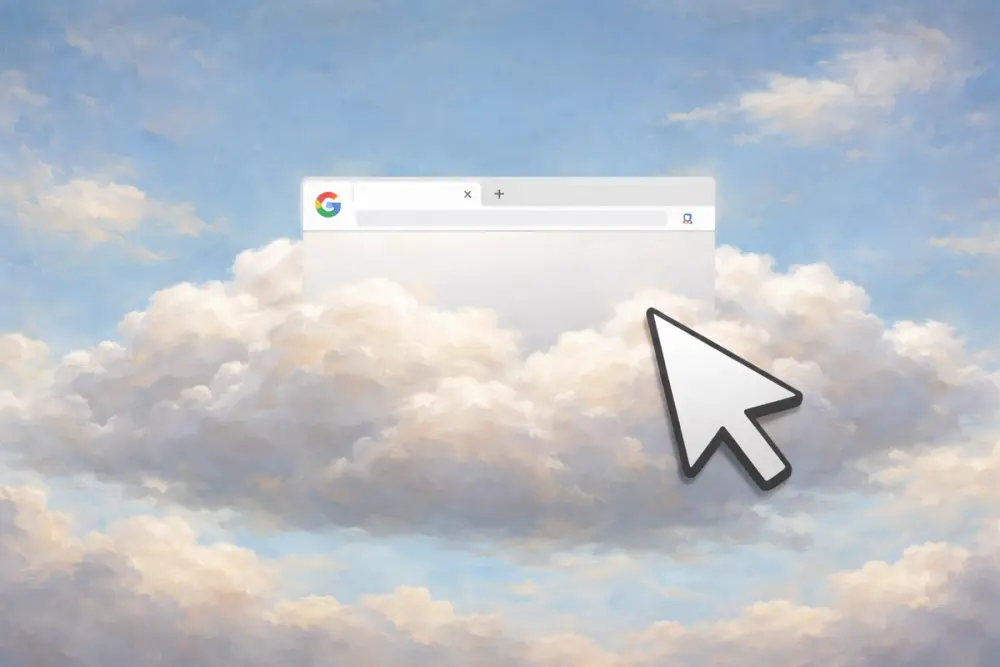 Mouse cursor pointing at a Chrome tab on a cloud