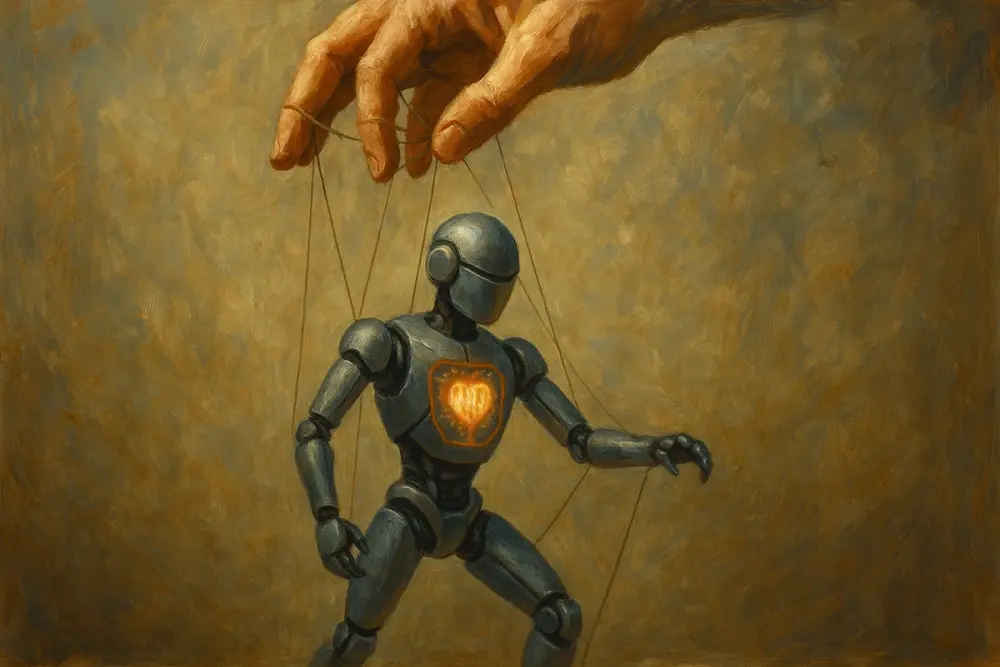 A human hand controls a sleek robot puppet on strings, with a glowing heart-shaped AI core in its chest