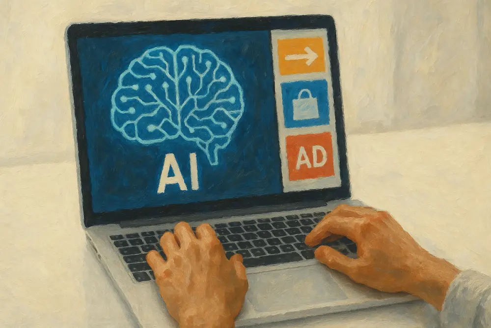A laptop screen displays an AI brain graphic with colorful sidebar ads, while a person types on the keyboard