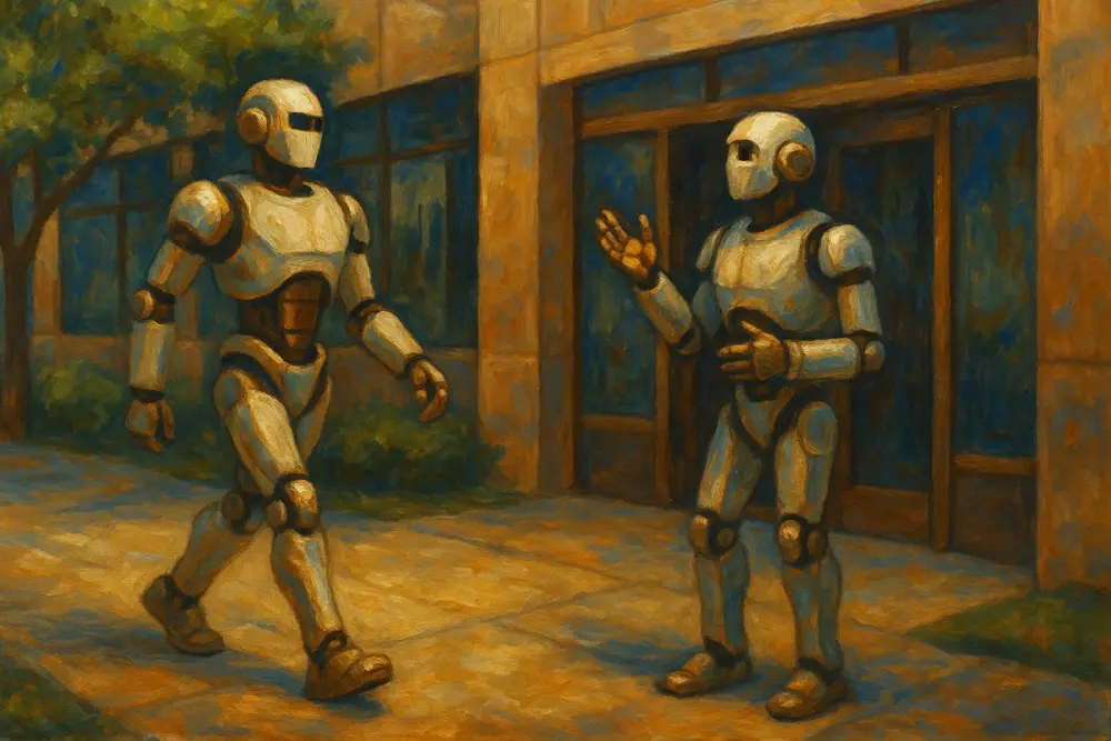 Two humanoid robots interact outside a modern office building, one walking confidently while the other gestures in conversation
