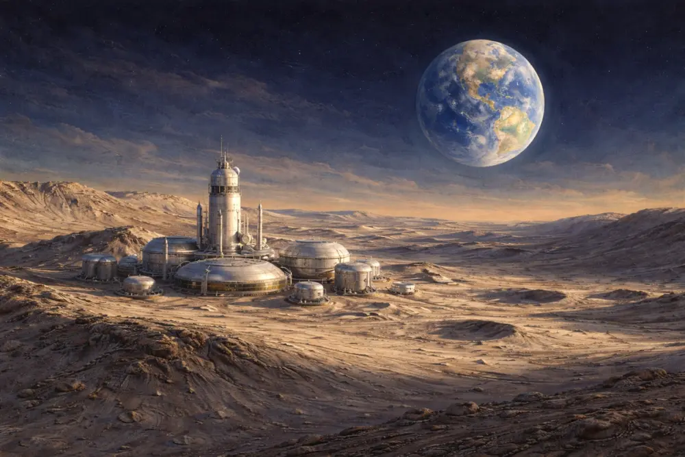 A lunar factory at golden dusk with Earth rising above