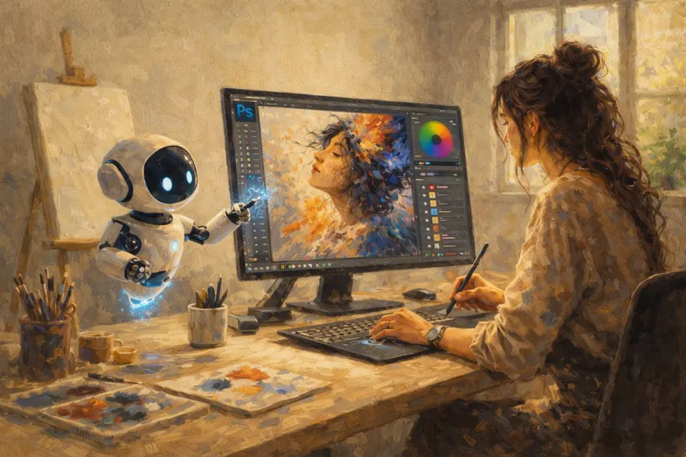 AI robot assisting a designer creating digital art in a minimalist studio.