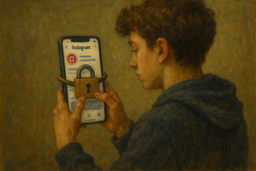 A teenager looks at an Instagram profile on a phone wrapped with a large padlock, symbolizing privacy