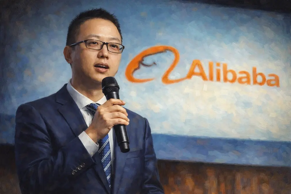 Alibaba CEO Eddie Wu speaking into a microphone on stage with the Alibaba logo behind him.