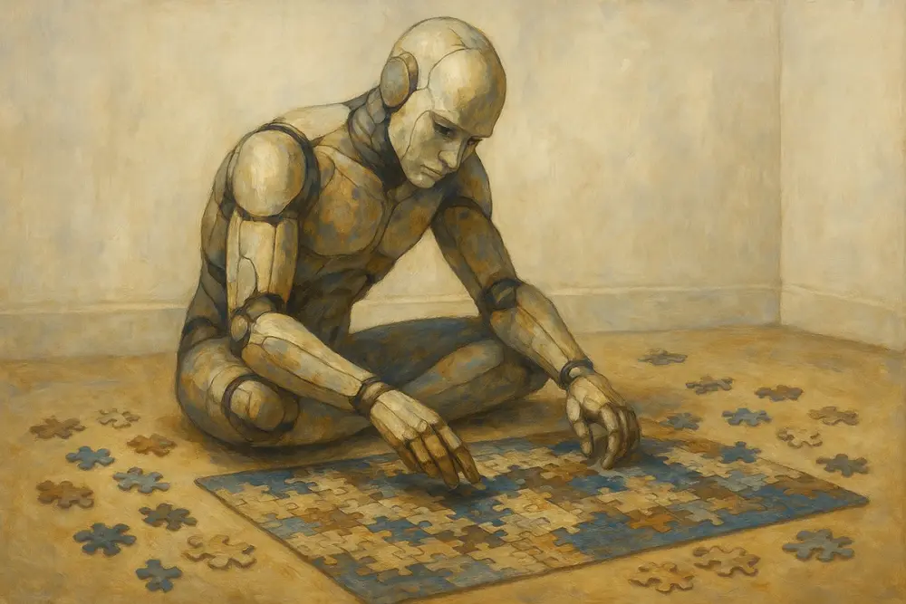 A humanoid robot sits cross-legged on the floor of a white room, carefully assembling a complex jigsaw puzzle