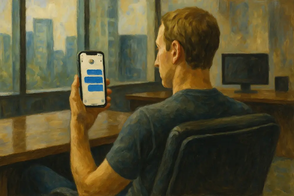 Mark Zuckerberg is seen from behind in a modern office, holding a smartphone displaying a group chat with blue message bubbles