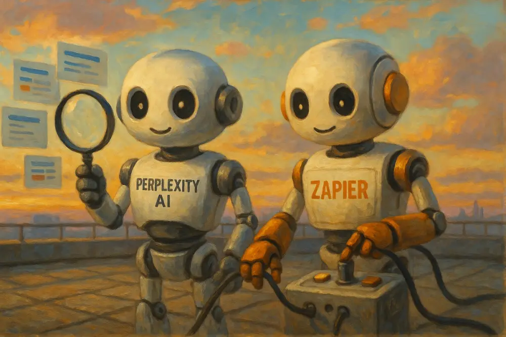 Perplexity AI and Zapier robots collaborate on a rooftop