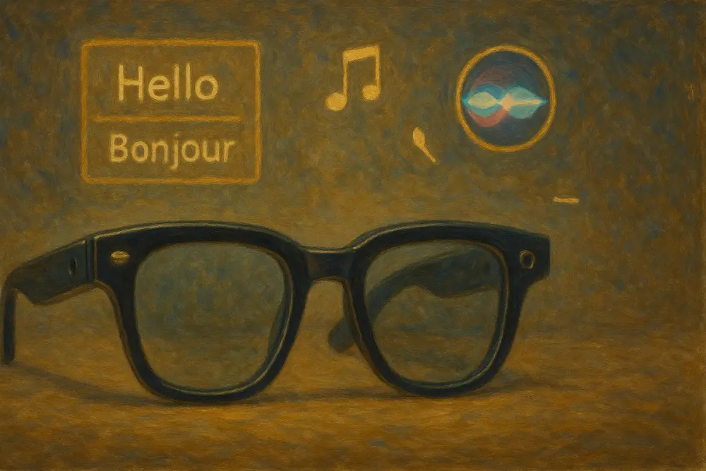 A pair of futuristic smart glasses with a camera and floating icons for translation, music, and AI voice assistance