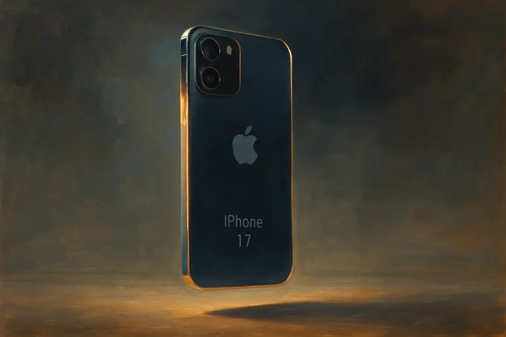 a glowing iPhone 17 hovering in mid-air, its slim design highlighted by soft natural light