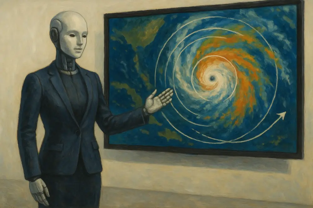 An AI weather forecaster stands in a white studio, gesturing toward a digital screen displaying a vivid swirling tropical cyclone with tracking lines