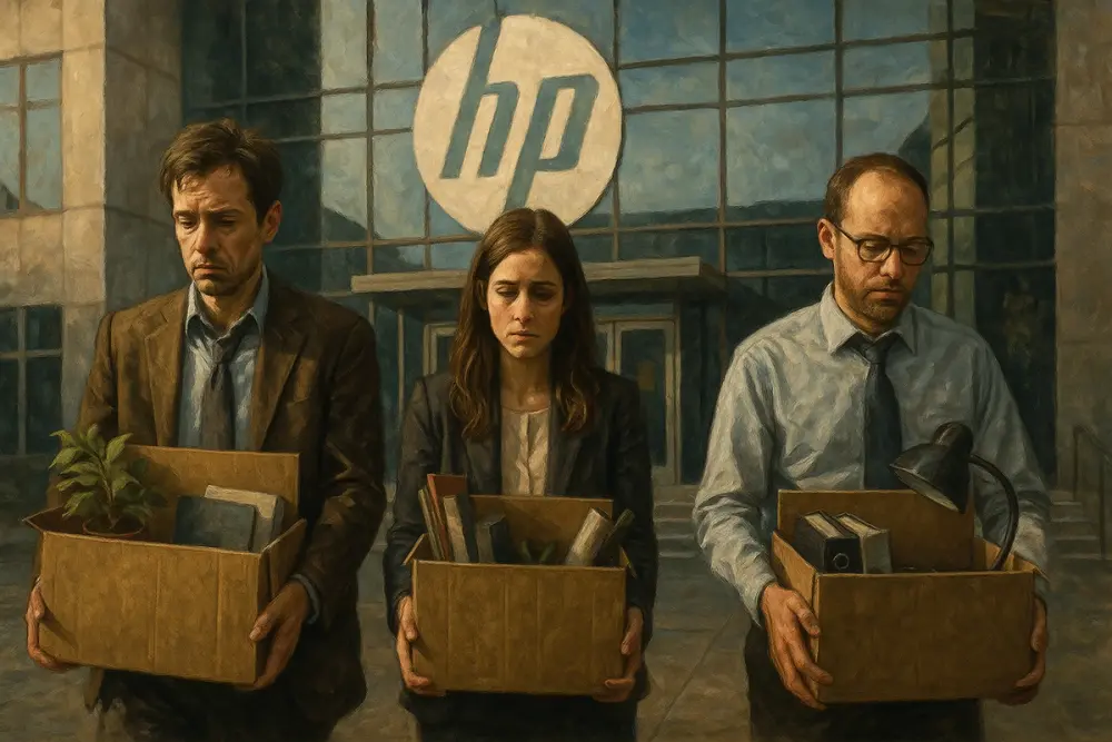 Three HP employees carry boxes of belongings while leaving the HP headquarters building