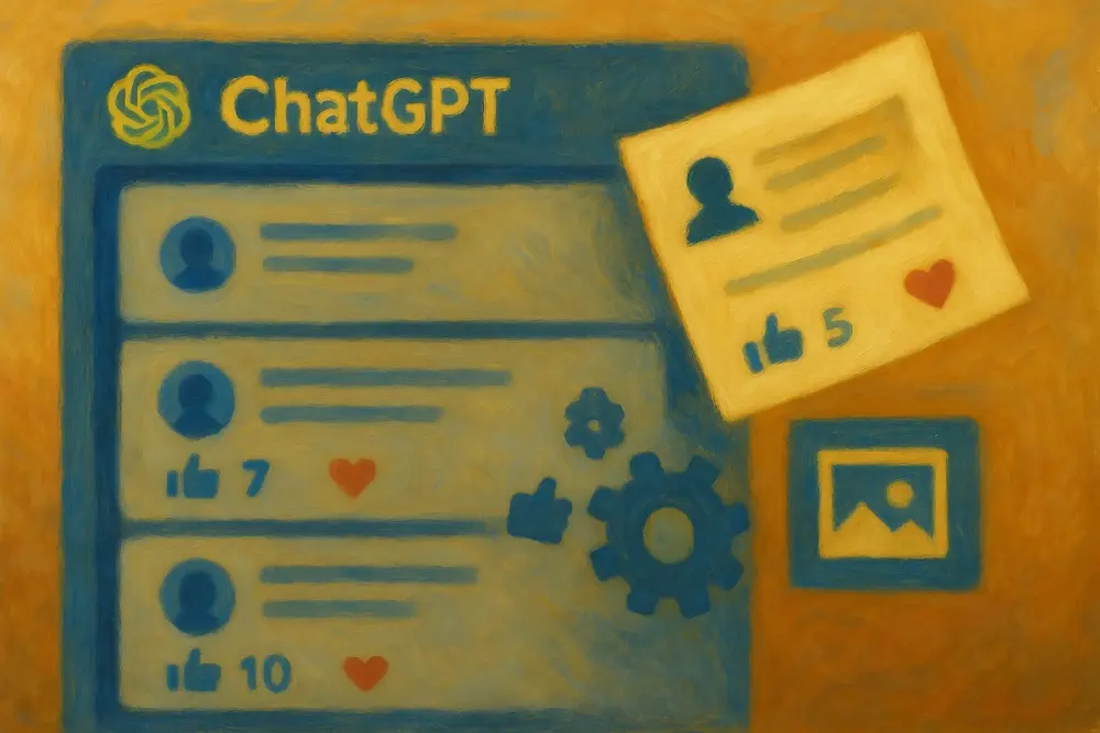 ChatGPT interface showing social media posts with likes, hearts, and a post flying out of the feed