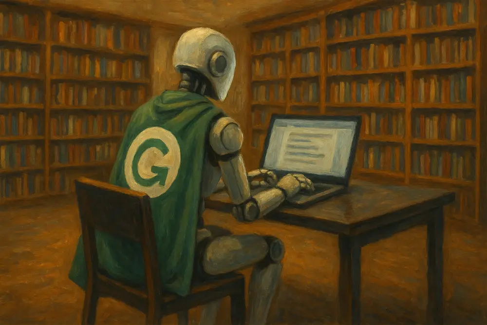 A robot wearing a green Grammarly cape types on a laptop at a desk in a large library filled with books