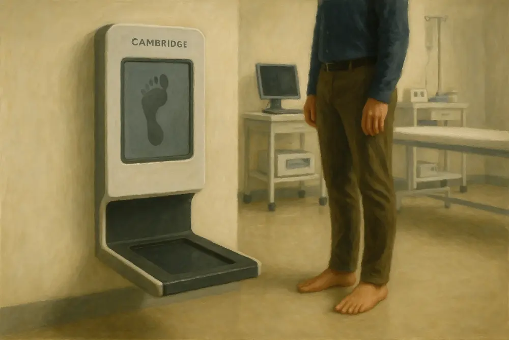 medical clinic showing A man standing barefoot beside a wall-mounted foot scanner labeled CAMBRIDGE