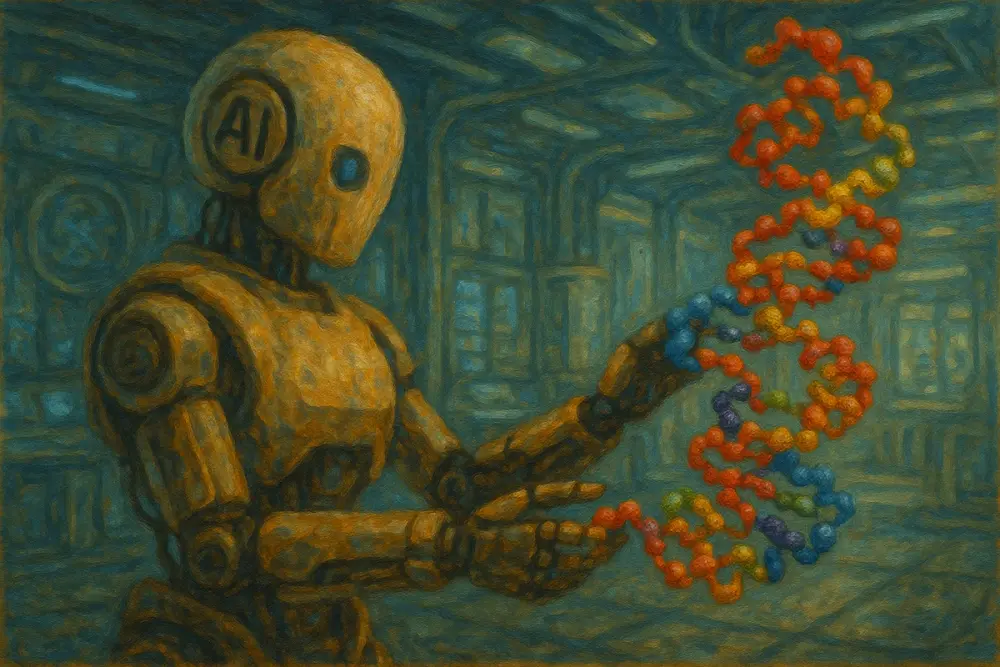 A robot constructs a colorful protein chain inside a futuristic lab
