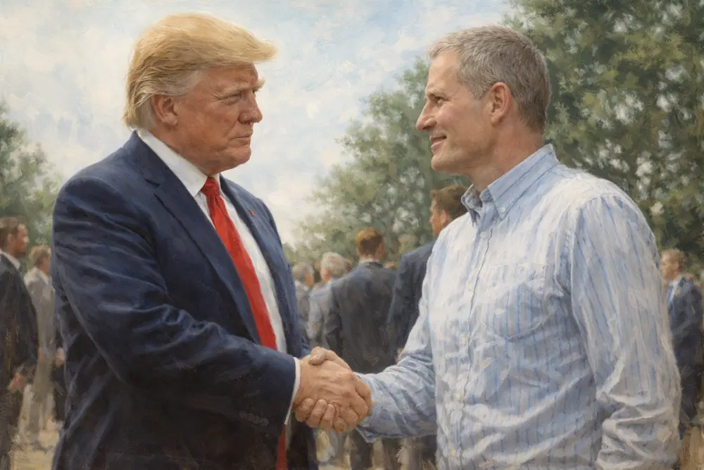 Donald Trump and Michl Binderbauer shaking hands at an outdoor professional event
