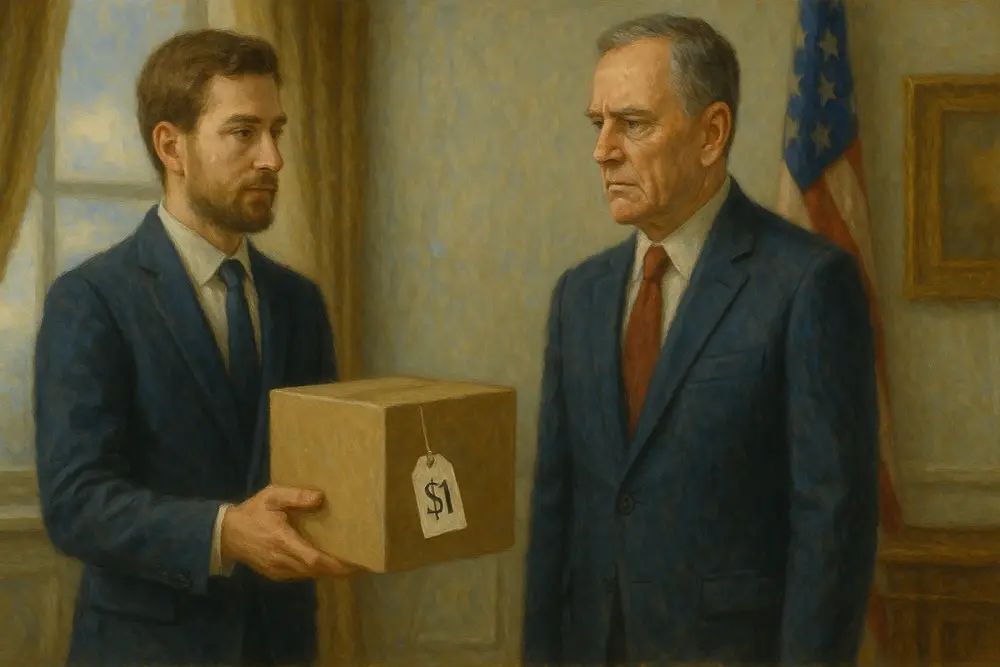 A man offering a $1 cardboard box to a serious U.S. government official in a formal office setting