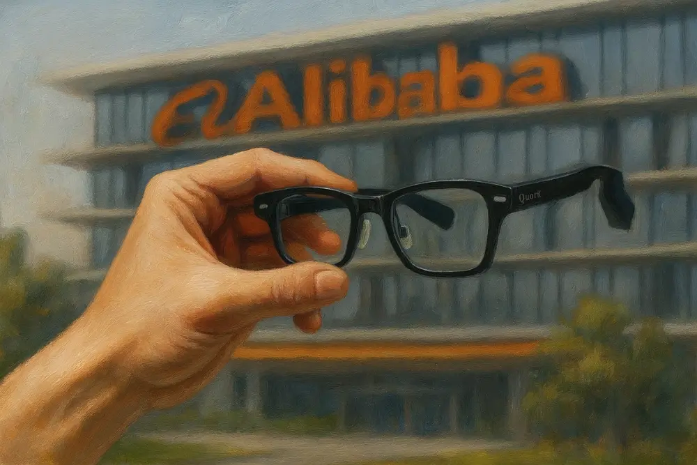 Hand holding AI glasses before blurred Alibaba HQ