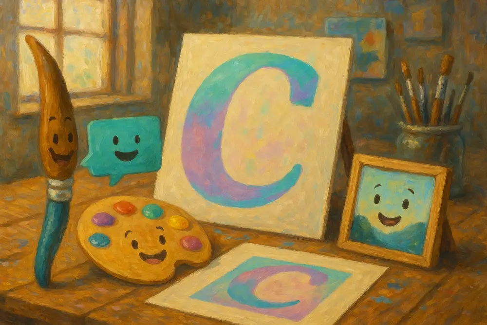 A cozy artist’s studio with smiling art tools designing a pastel “C”