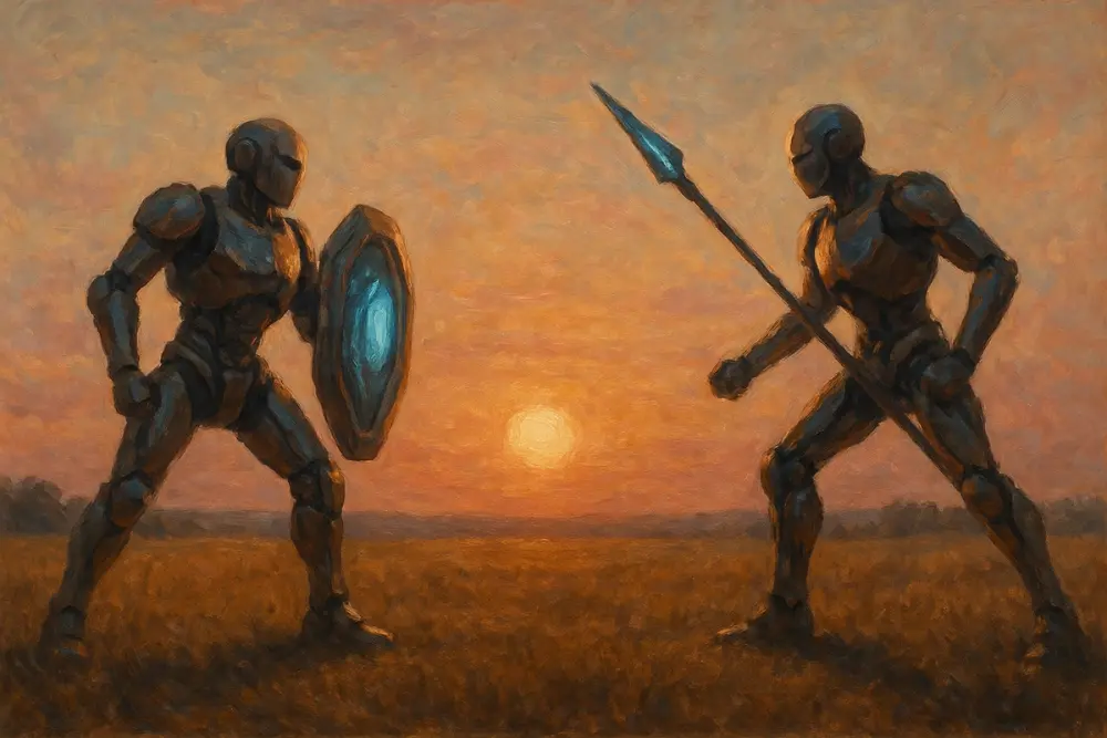 Two humanoid robots face off in a sunset-lit field, one holding a glowing shield and the other a digital spear