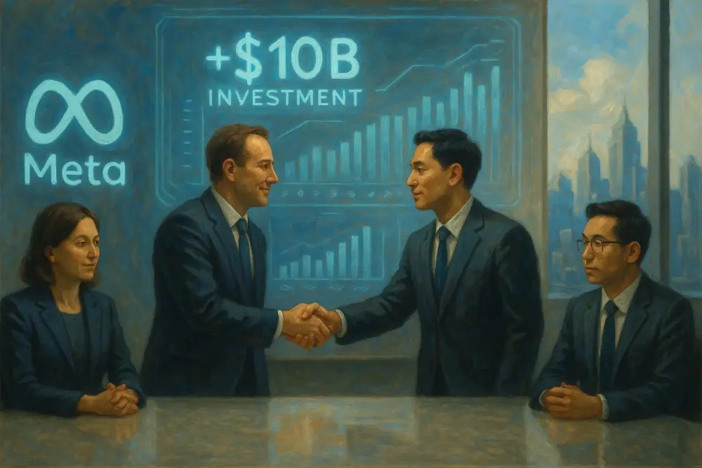 Meta and Scale AI executives shake hands in a white boardroom with a holographic "$10B Investment" display
