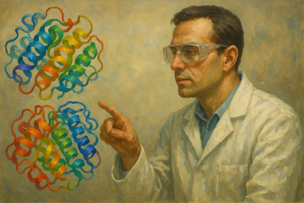 A scientist in a lab coat and safety glasses closely examines two colorful 3D E. coli protein models