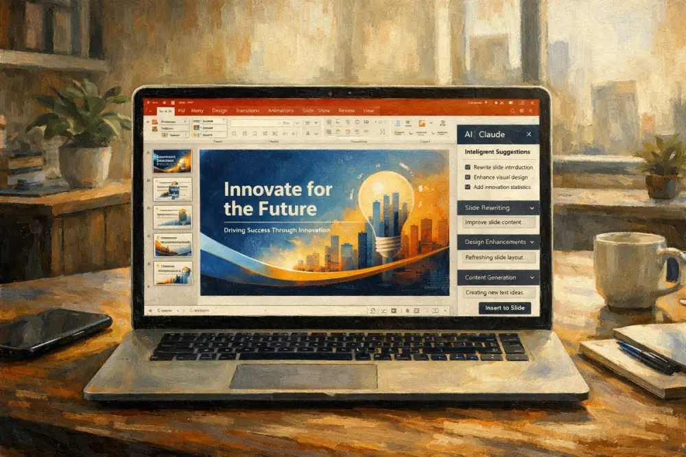 Laptop showing PowerPoint with a Claude AI sidebar