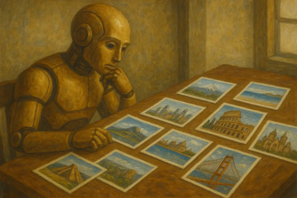An AI robot sits at a table in a room, curiously examining a spread of travel photos featuring mountains, cities, beaches, and famous landmarks