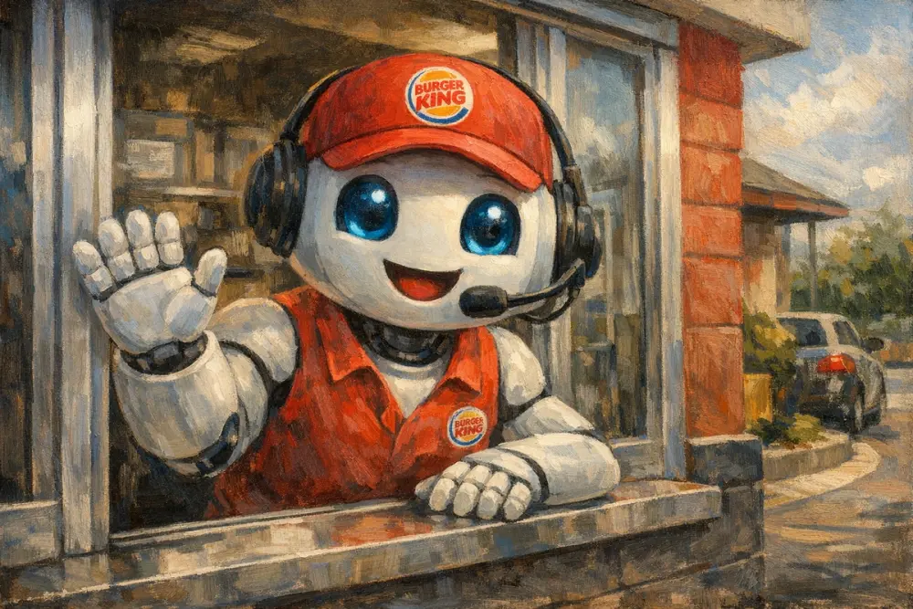 Smiling robot in Burger King drive-thru window.