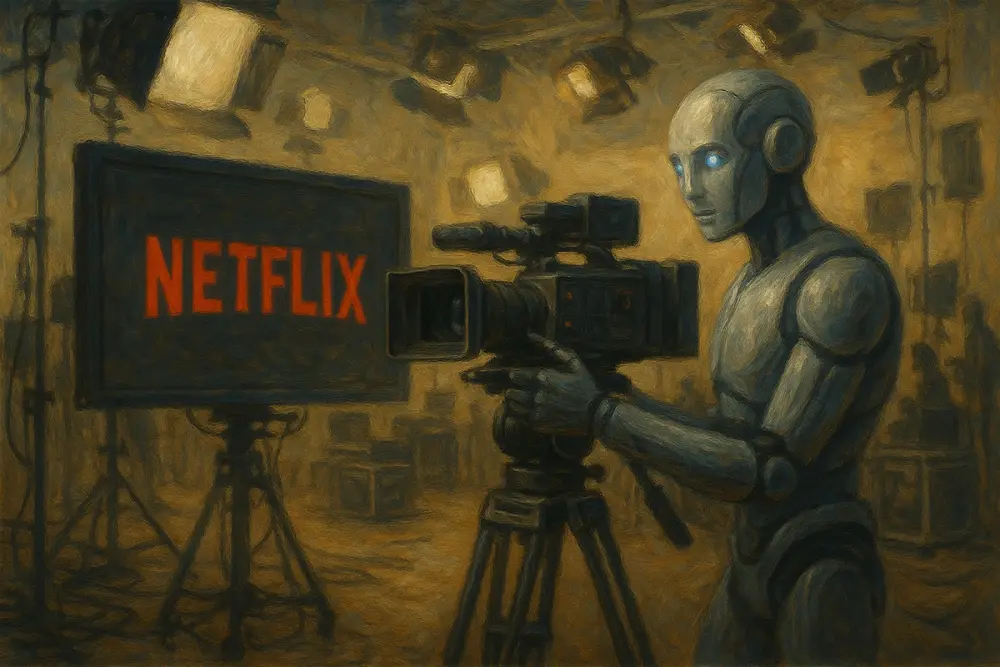 A robot operates a film camera on a studio set, with the Netflix logo displayed on a nearby monitor