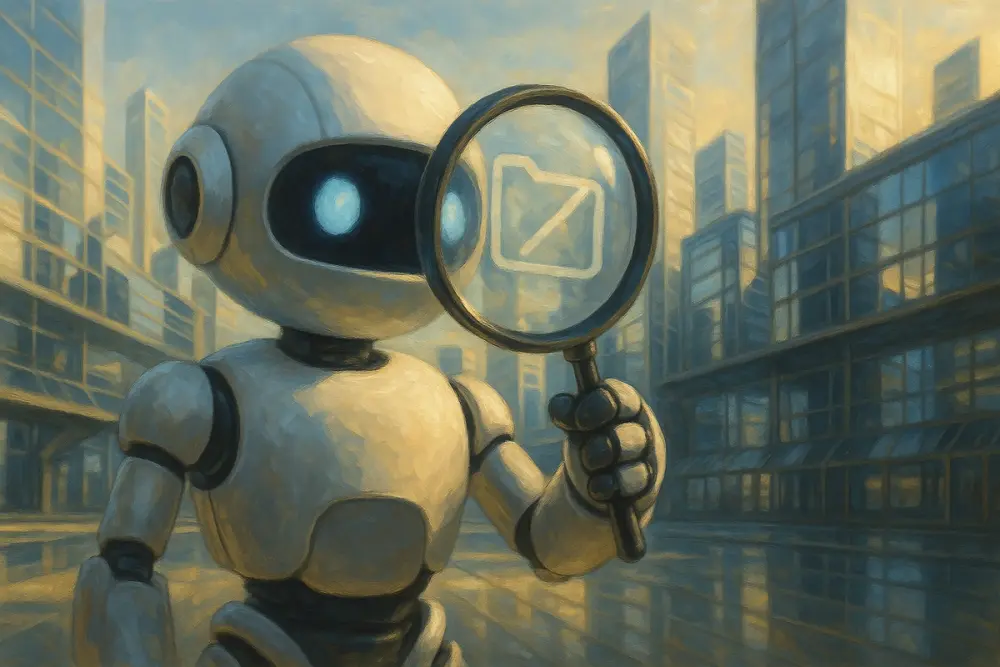 Robot examines a hidden digital icon through a magnifying glass in a futuristic city