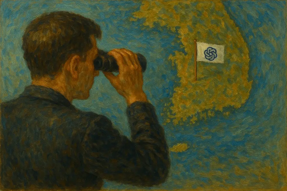 A man looks through binoculars at a map of South Korea, where a small flag with the OpenAI logo is planted