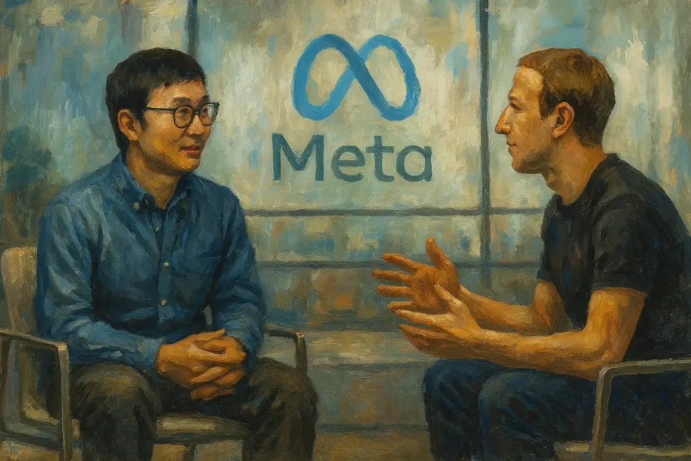 Shengjia Zhao and Mark Zuckerberg sit across from each other in a modern office, engaged in conversation, with the Meta logo displayed on a glass wall behind them
