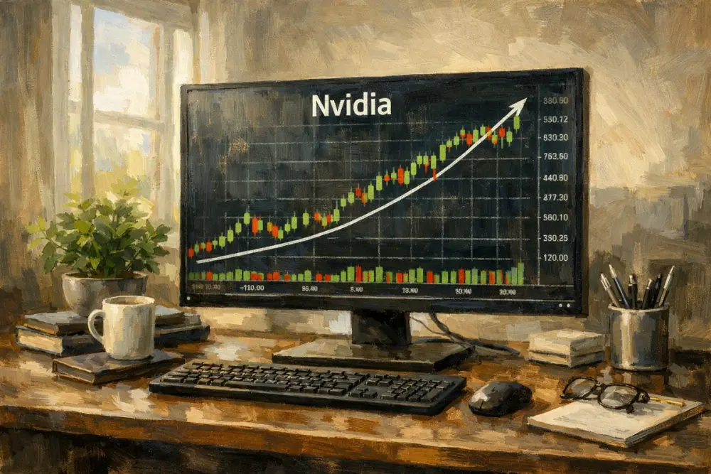 Computer monitor displaying a rising Nvidia stock chart