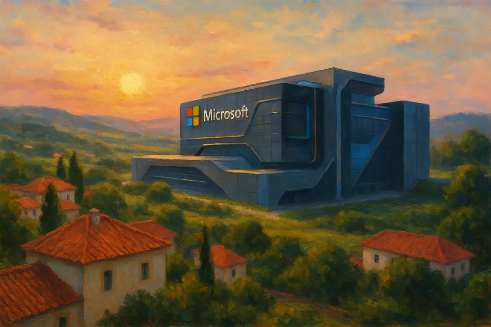 A modern Microsoft data center in Portugal glows at sunset amid red-roofed homes and green hills