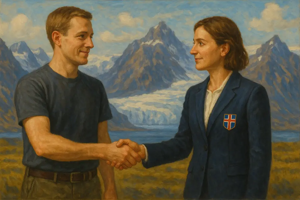 Two professionals shake hands before Iceland’s mountains and glacier