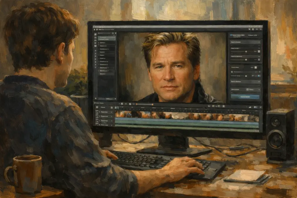 Person editing an AI-generated video of Val Kilmer on a computer